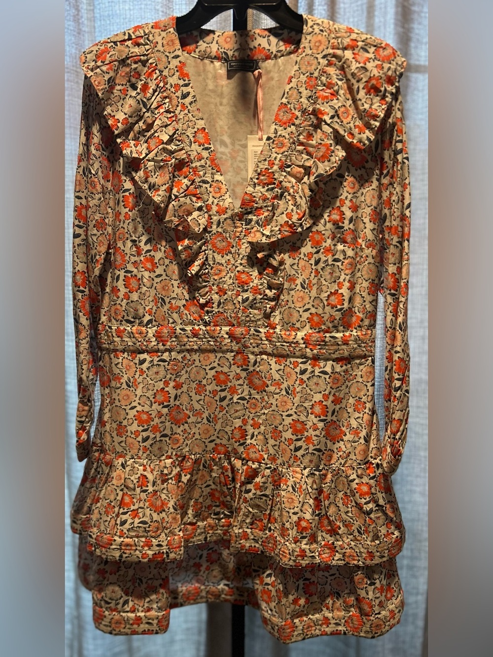 Vineyard Vines Cream and Orange Floral Long-Sleeve Ruffle Dress